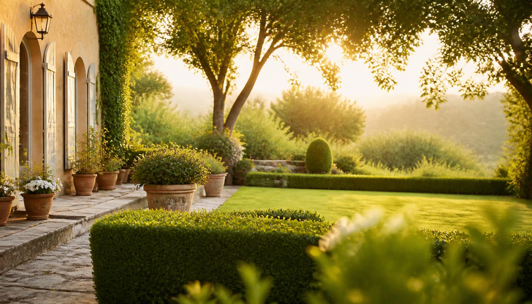 Jardin familial entretenu et lumineux au lever du soleil près de Pau