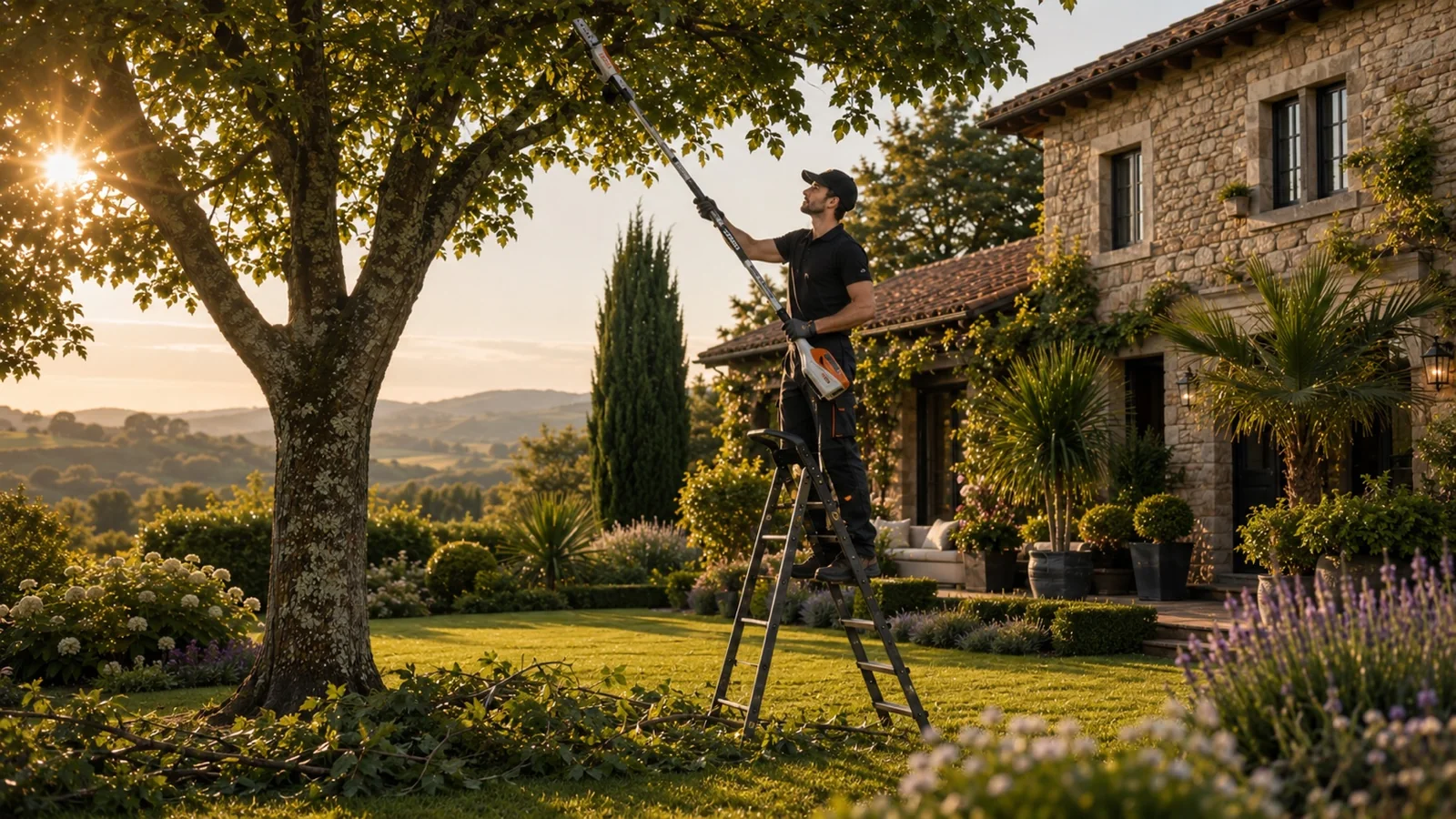 Élagage léger et taille d’arbres à Pau Élagage léger d’un arbre dans un jardin à Pau par JM Multiservices